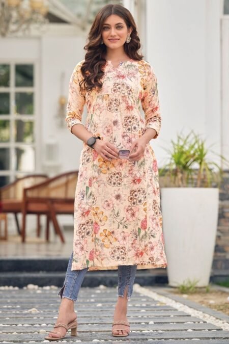 Peach Color Printed Linen Fabric Fabulous Kurti