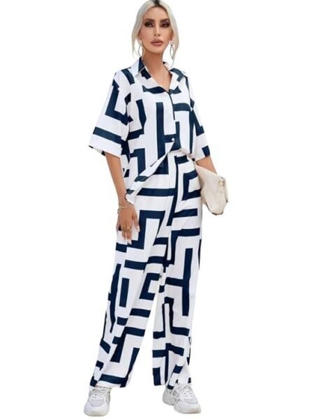 Gufrina Chic Women's Half Sleeve Shirt Collar Fort Open Top Co-Ords Set - Modern Geometric Print