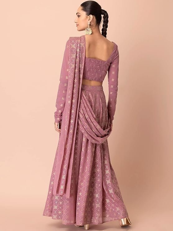 Indya Women Pink Foil Print Kalidar Pre-Stitched Saree - Image 5