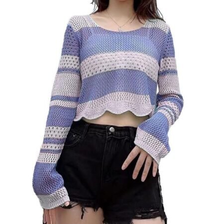 ICW Women's Korean Style Knitted Sheer Crochet Long Sleeve Hollow Out Colour Block Print Crop Top T-Shirt
