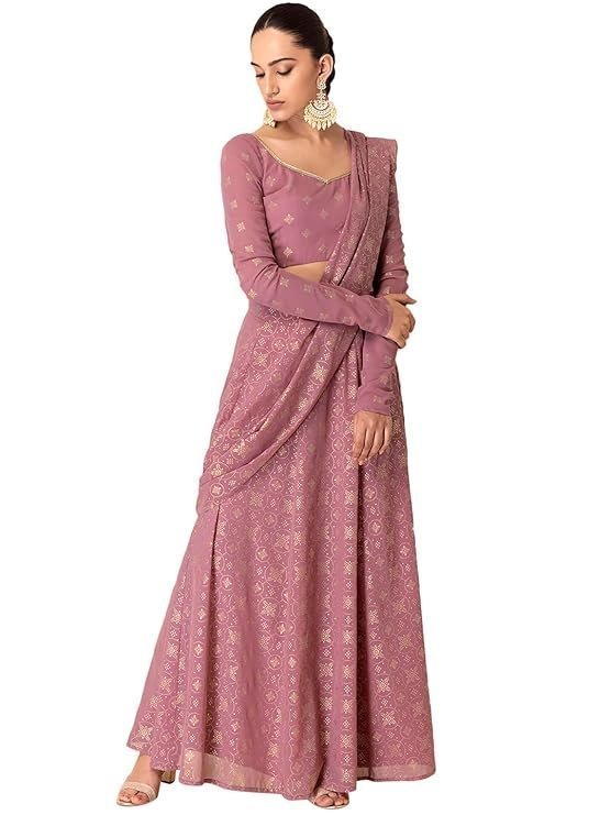 Indya Women Pink Foil Print Kalidar Pre-Stitched Saree