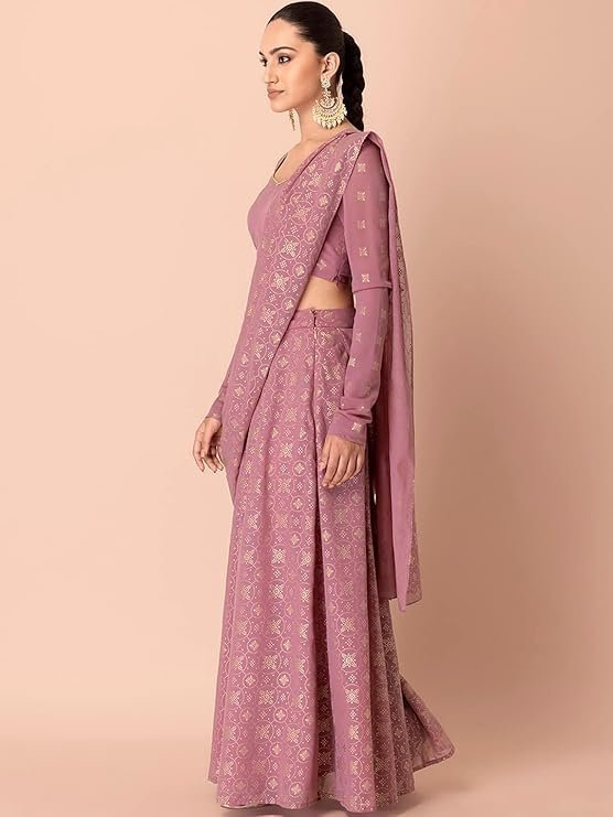 Indya Women Pink Foil Print Kalidar Pre-Stitched Saree - Image 4