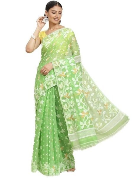 Aditri Green Floral Zari Pure Silk Jamdani Saree