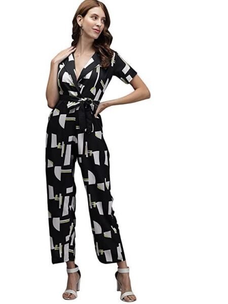Women Solid Black Lycra Blend Casual Regular Jumpsuit