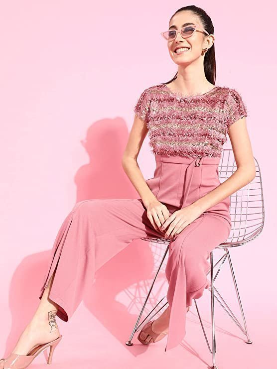 Women's Dusty Pink Embellished Regular Jumpsuit - Image 2