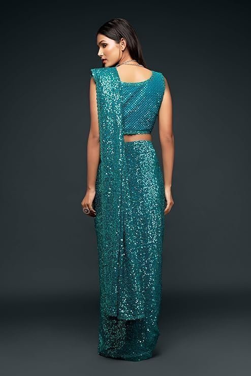 TRENDMALLS Women's Georgette Heavy Sequins Work Heavy Saree with Blouse - Image 5
