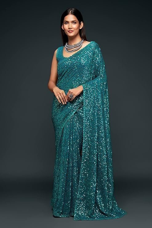 TRENDMALLS Women's Georgette Heavy Sequins Work Heavy Saree with Blouse - Image 3