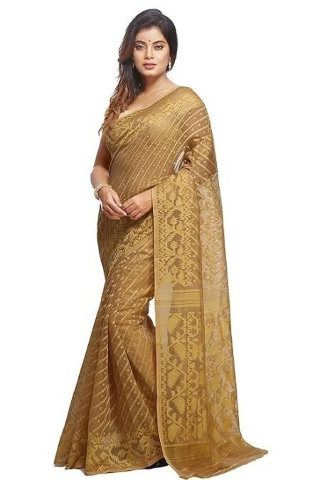 WoodenTant women’s soft cotton silk bengal dhakai jamdani saree in beige without blouse piece