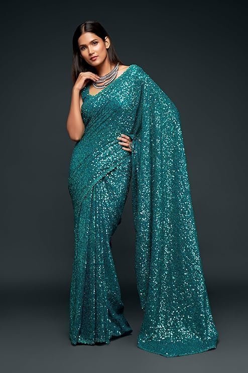 TRENDMALLS Women's Georgette Heavy Sequins Work Heavy Saree with Blouse - Image 4