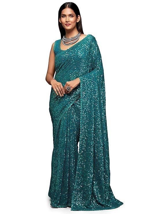 TRENDMALLS Women's Georgette Heavy Sequins Work Heavy Saree with Blouse