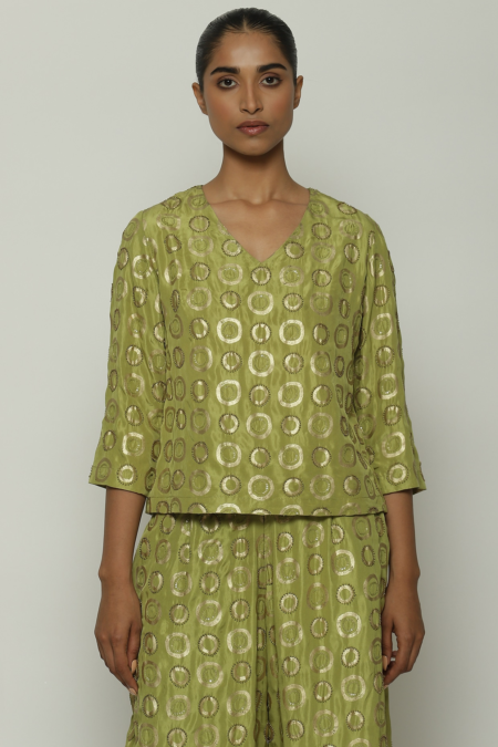 Amla Green Habutai Silk Printed & Embroidered Top