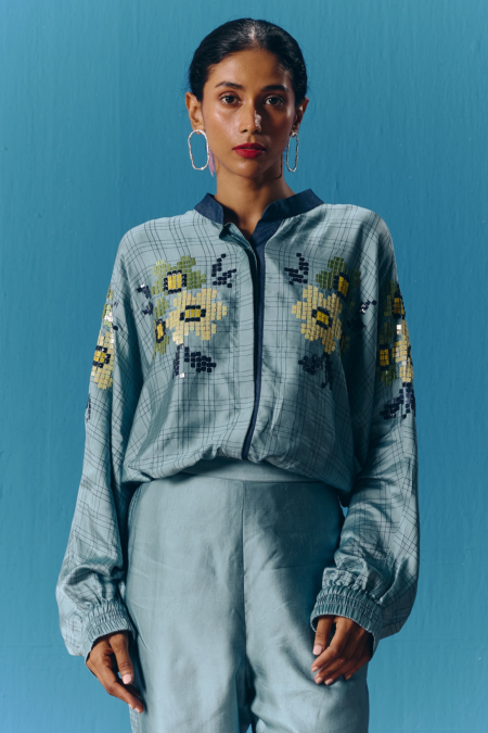 Sky Blue Silk Satin Hand Embroidered Kimono Top