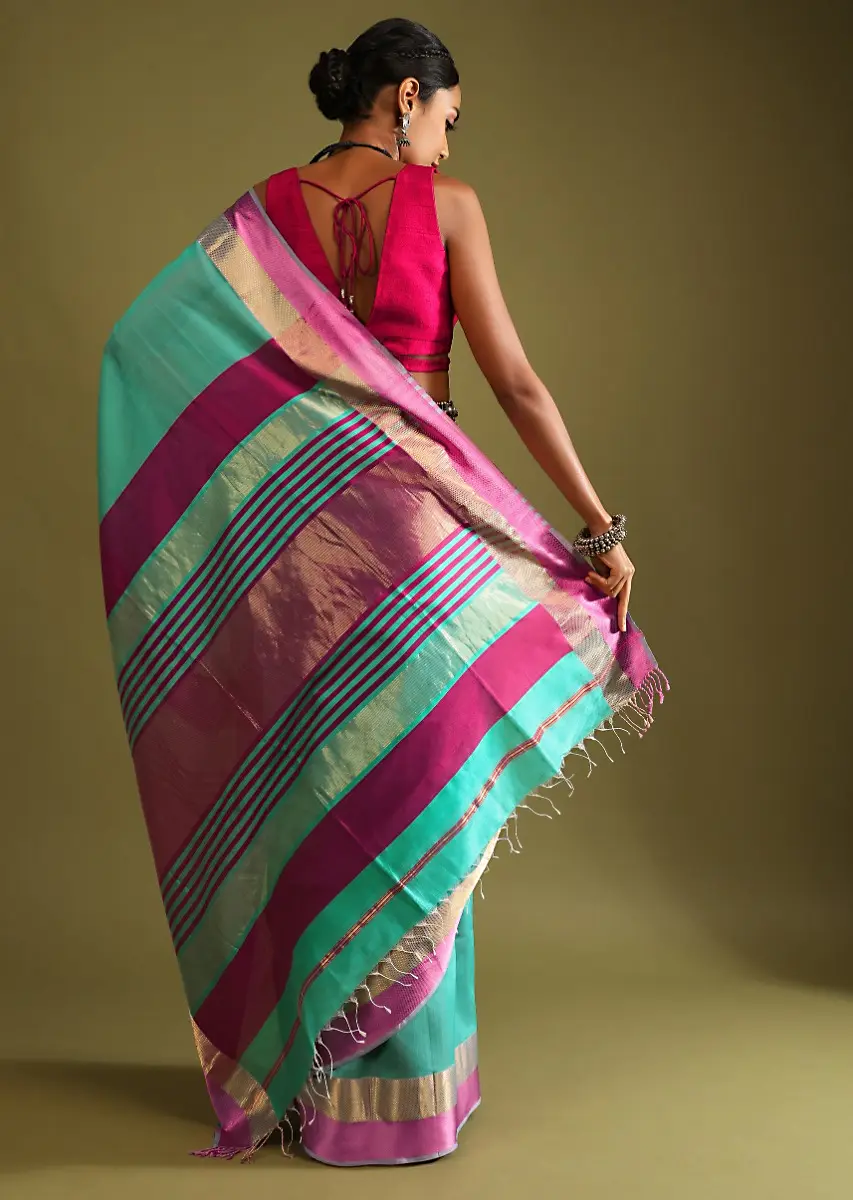 A Gquareen Saree In Tussar Silk With Gold And Pink Woven Border And Striped Pallu Design - Image 3