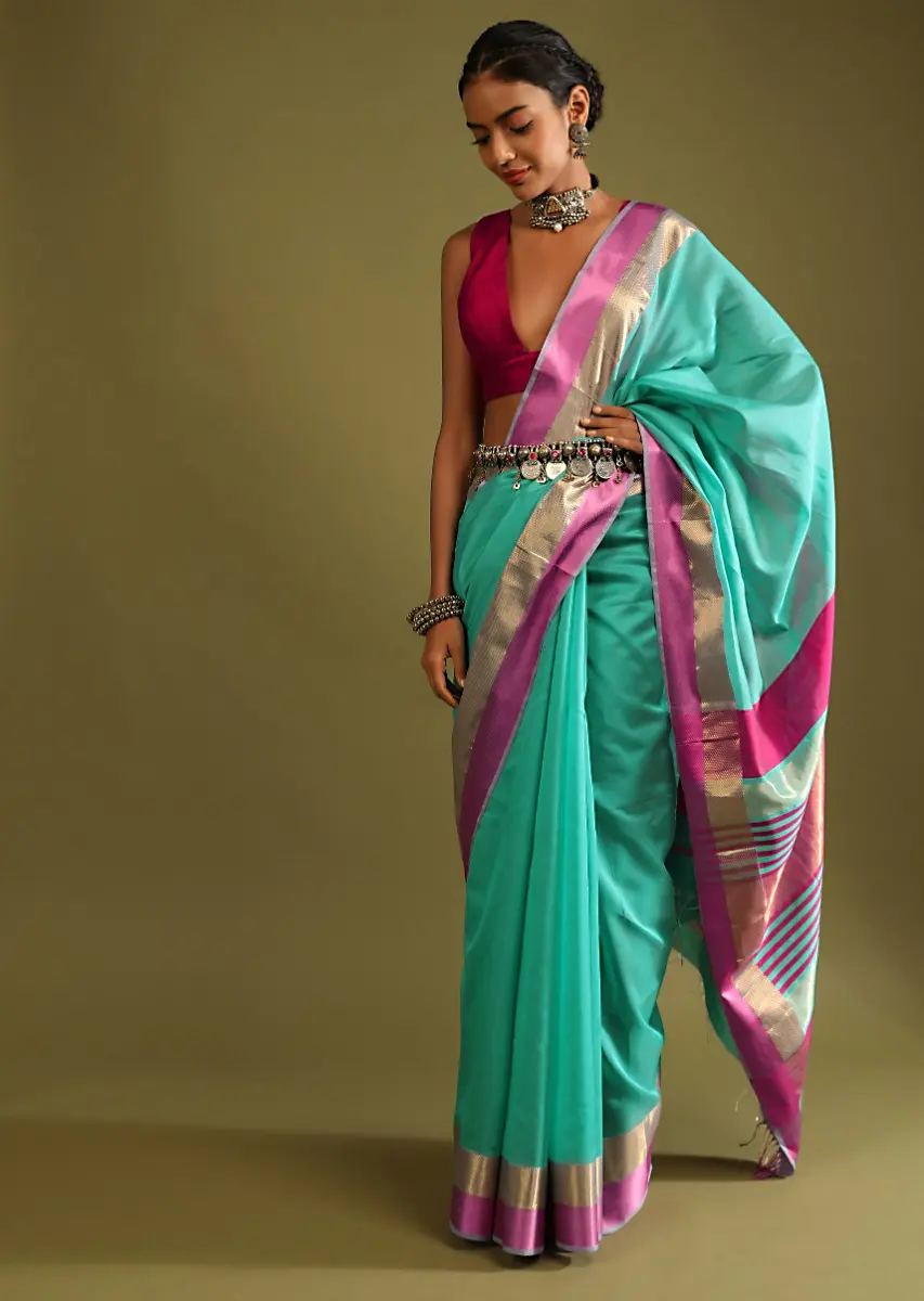 A Gquareen Saree In Tussar Silk With Gold And Pink Woven Border And Striped Pallu Design - Image 5