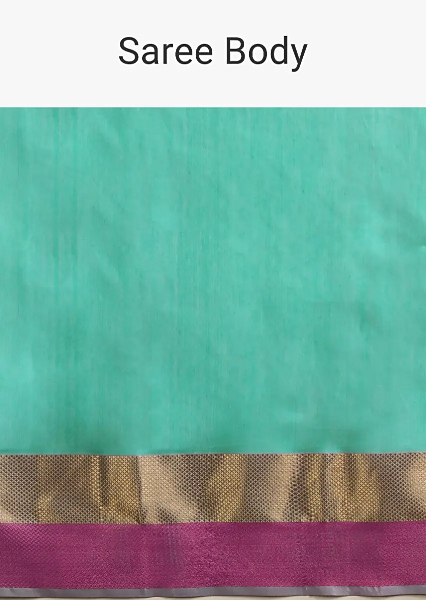 A Gquareen Saree In Tussar Silk With Gold And Pink Woven Border And Striped Pallu Design - Image 7