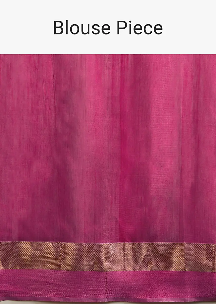 A Gquareen Saree In Tussar Silk With Gold And Pink Woven Border And Striped Pallu Design - Image 6