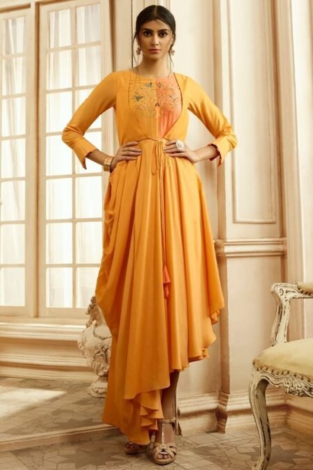 Chic Rayon Cotton Gown Style Kurti in Neutral Yellow Color