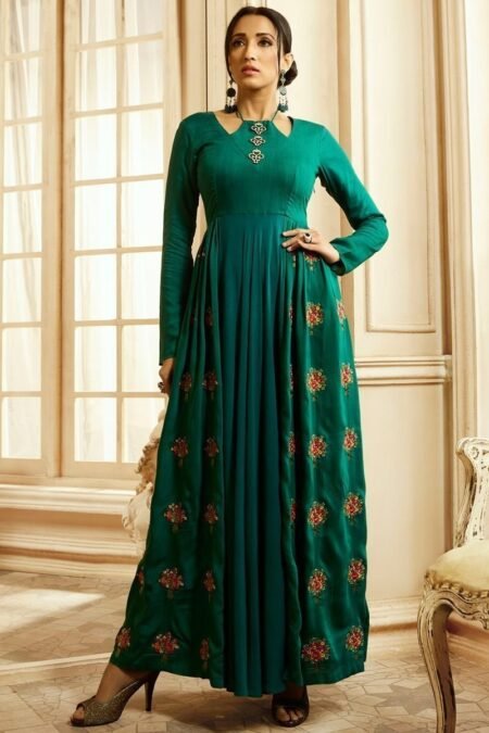 Comfortable Rayon Cotton Gown Style Kurti in Rich Dark Green Color