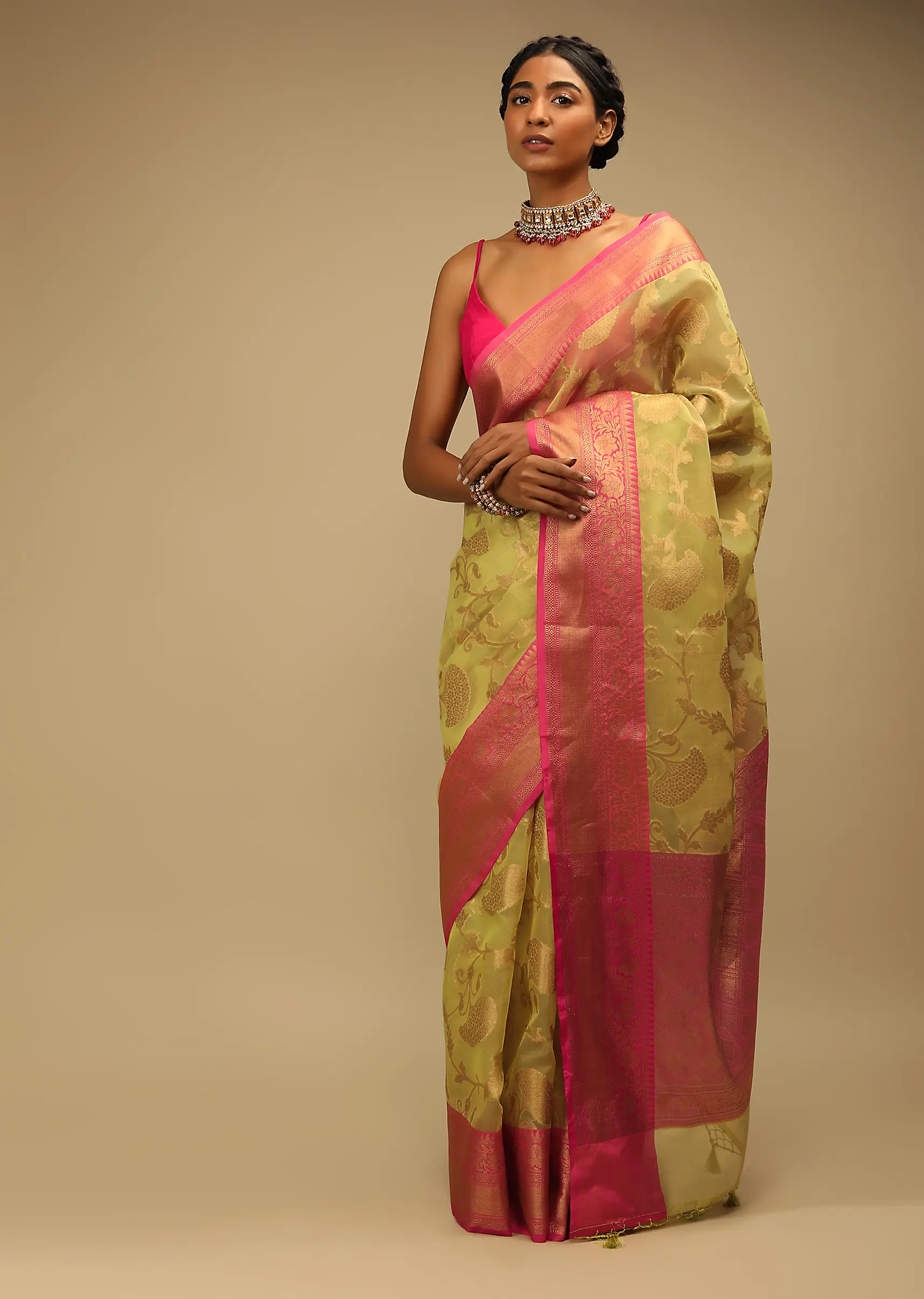 Celery Green Saree In Organza Silk With Golden Brocade Woven Floral Jaal And Magenta Border Design - Image 3