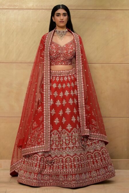 Persian Red Zari Embroidered Raw Silk Bridal Lehenga