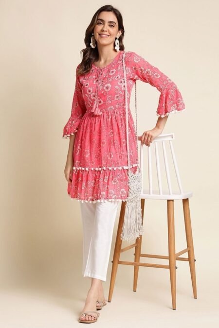 Tempting Cotton Fabric Pink Color Readymade Short Kurti With Printed Work