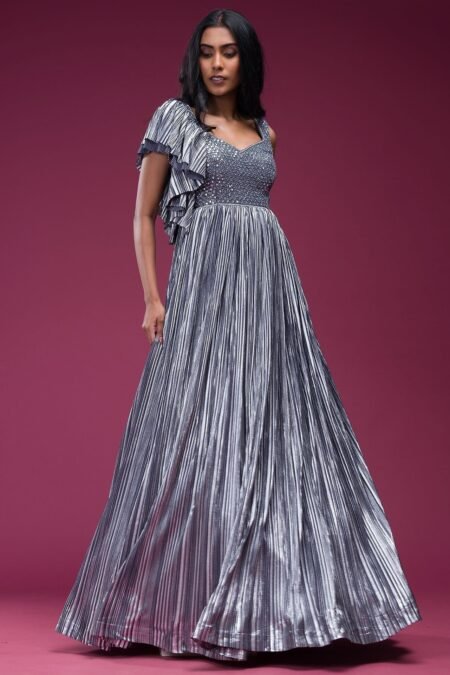 Grey Mirror Embroidered Silk Evening Gown