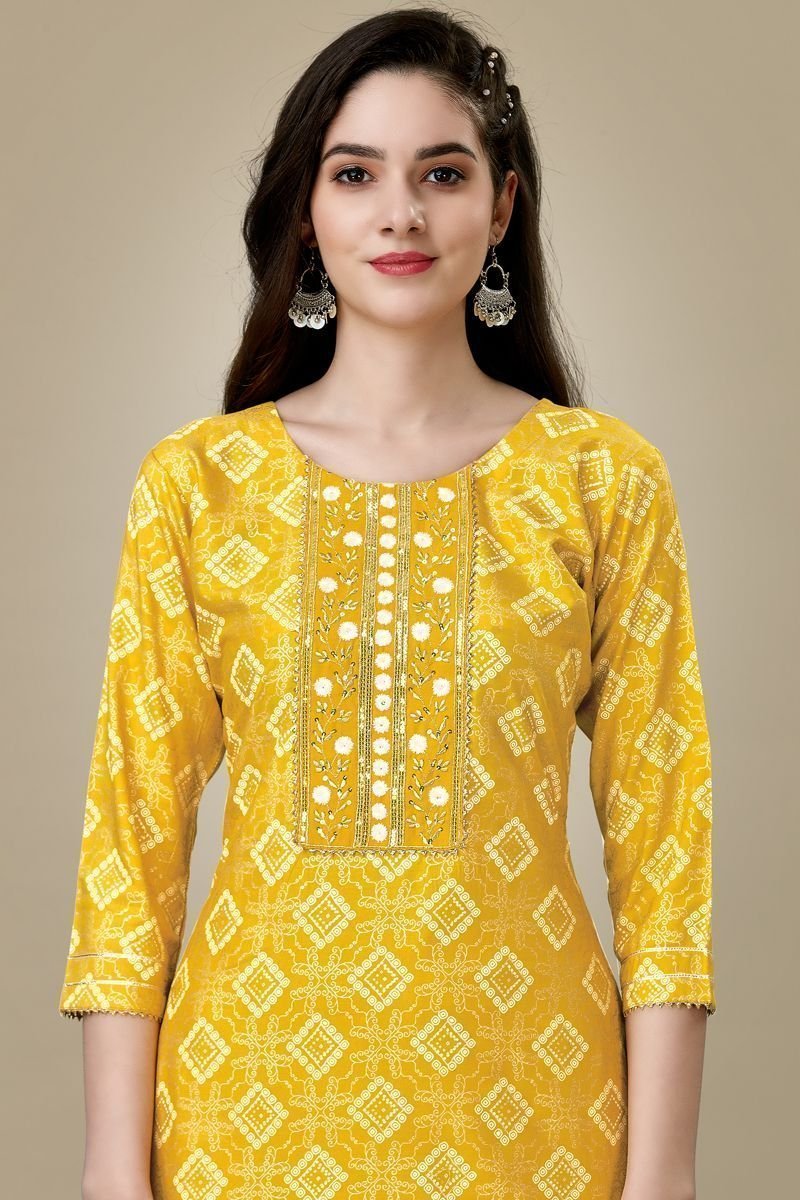 Yellow Color Rayon Rayon Fabric Readymade Kurti With Pant - Image 2