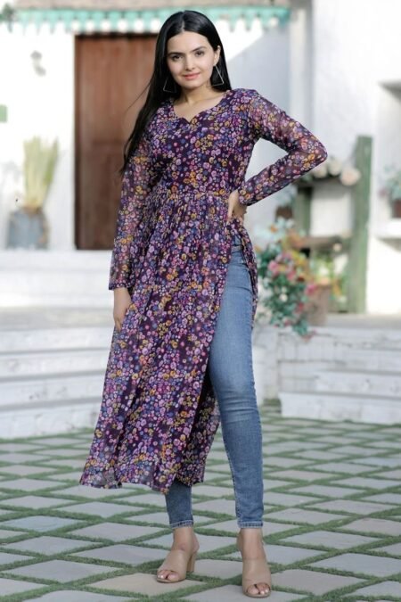 Radiant Purple Color Fancy Fabric Readymade Digital Printed Kurti