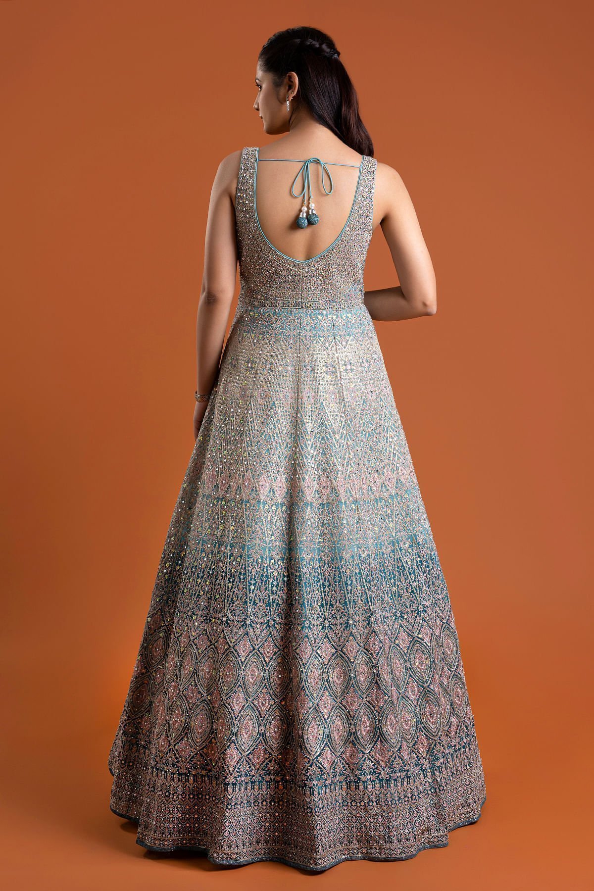 Light Blue Mirror Embroidered Silk Indowestern Gowns - Image 4