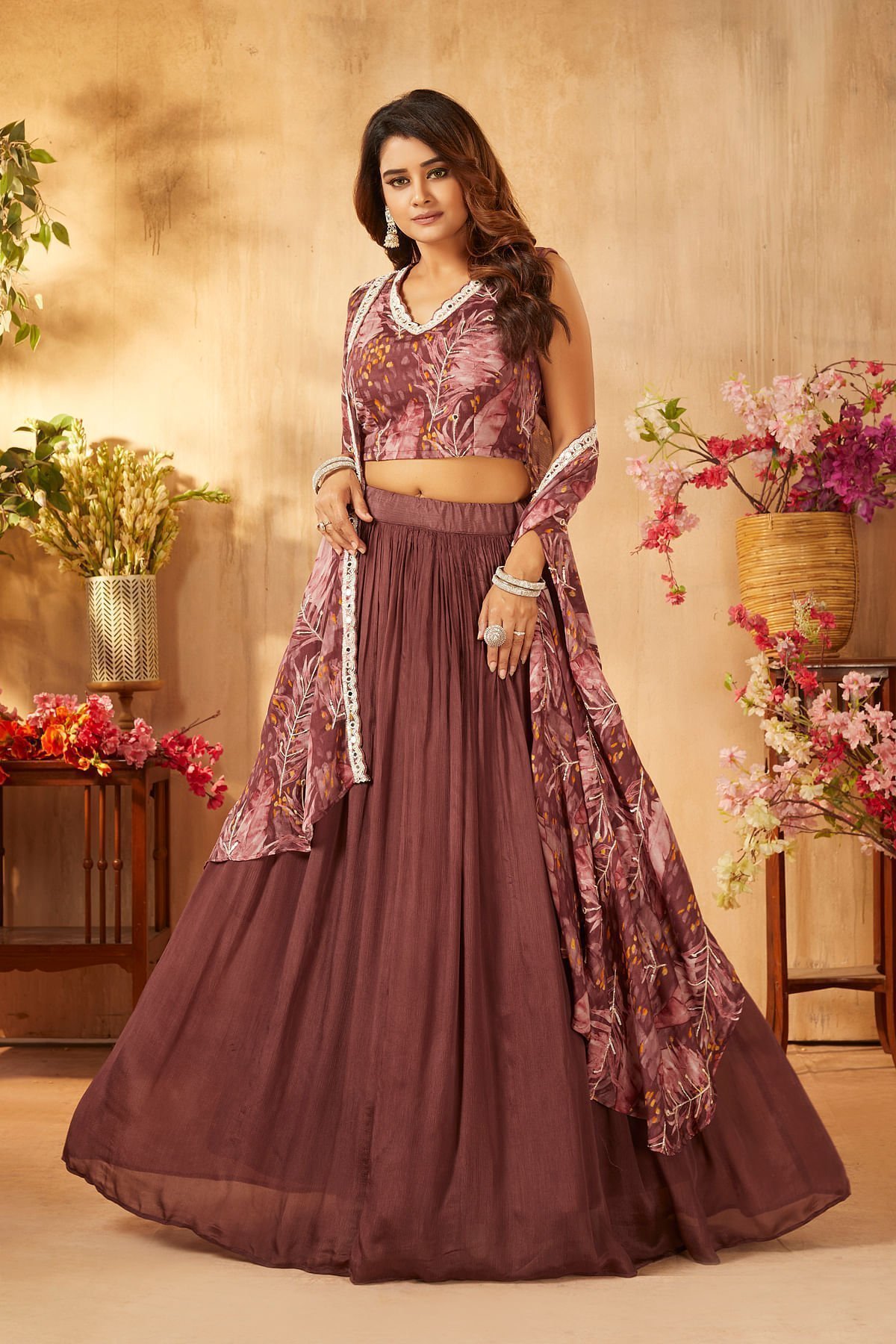 Rose Brown Sequins Embroidered Crepe Party Wear Lehenga - Image 6