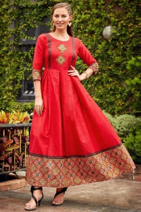 Red Color Cotton Luminous Readymade Kurti