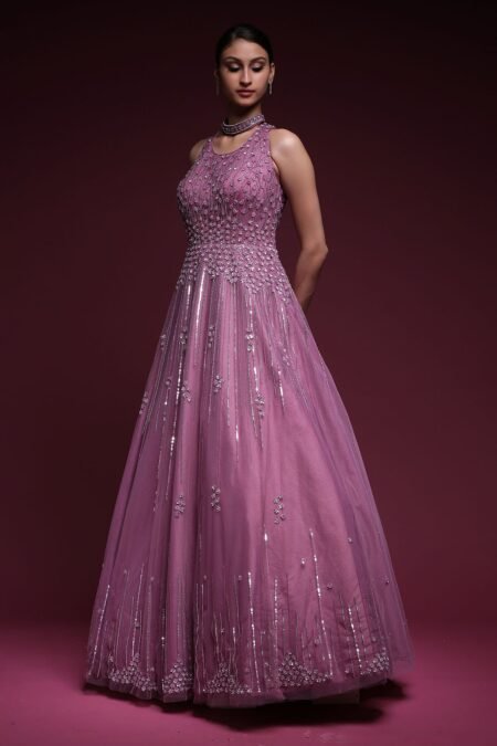 Mauve Stone Embroidered Net Evening Gown