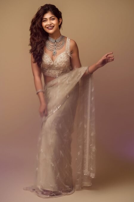 Coconut Milk Beige Pearl Embroidered Net Saree